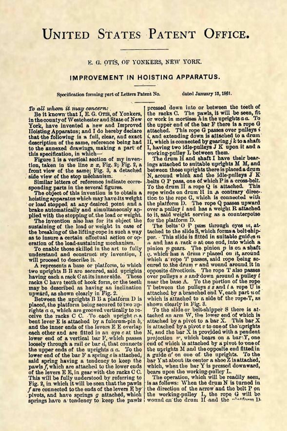 Official Otis Elevator US Patent